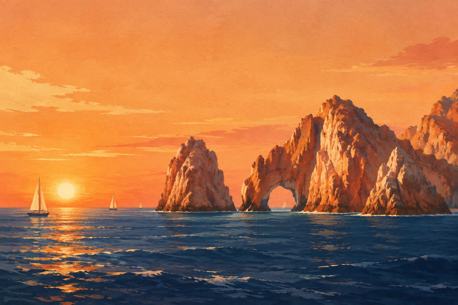 Painterly sunset over the arch rock formation at Cabo San Lucas